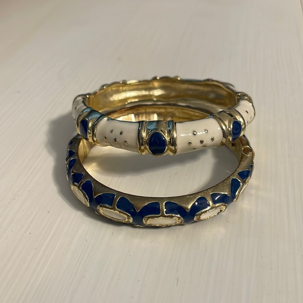 Blue, white, and gold bangle bracelet pair; open hinged